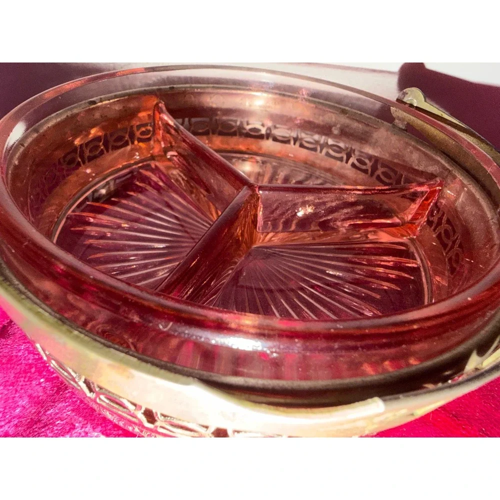 Vintage 1930s Pink Depression Glass 3 Part Divided Dish in Ornate Metal Basket